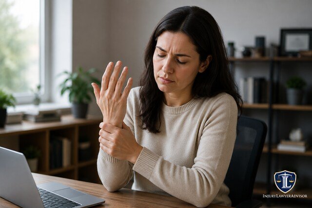 Woman holding hand due to numbness and tingling symptoms.
