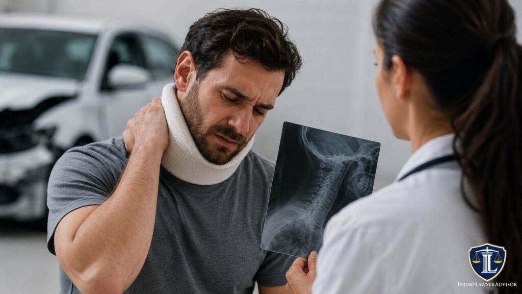 Serious whiplash injury symptoms being assessed during a medical consultation