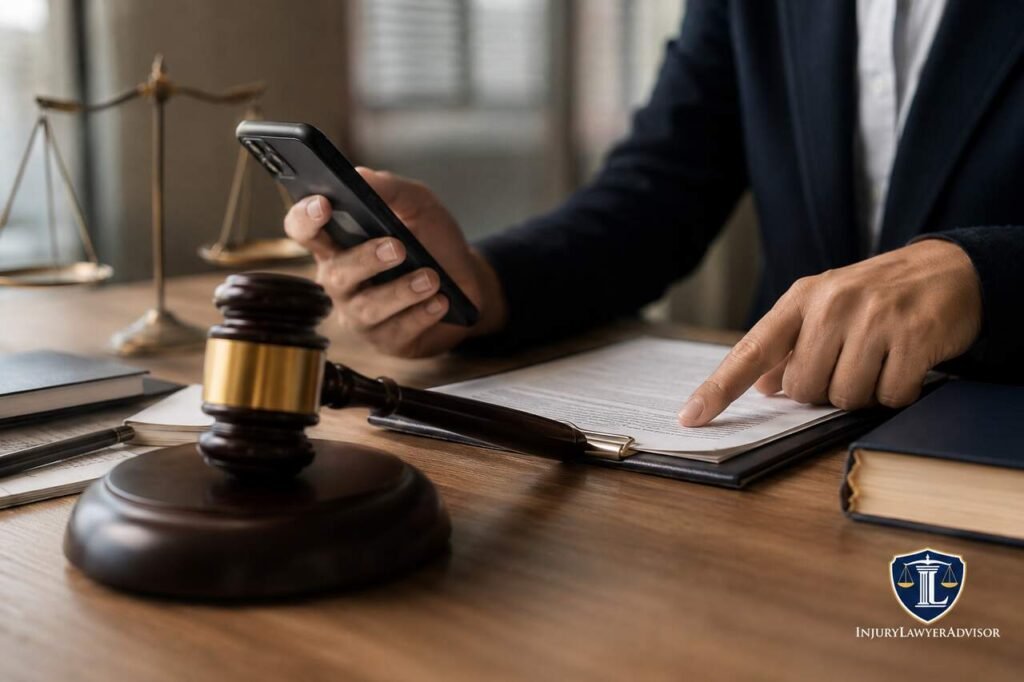 Lawyer reviewing documents about Fair Debt Collection Practices Act violations and consumer protection rights in a legal office.