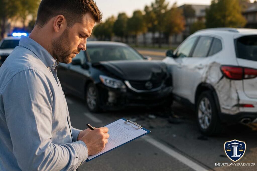Fix Car Accident Police Report Mistakes: Steps to Protect Your Claim and Record Man documenting a car accident scene with damaged vehicles.