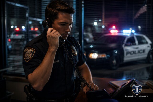 Police officer making a phone call inside a station with flashing patrol car lights in the background.