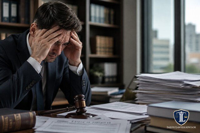 Stressed man reviewing legal papers in a law office with a gavel on the desk.