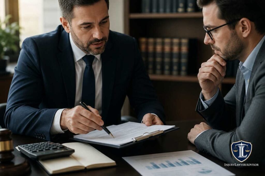 Tax attorney and CPA discussing IRS problems, business taxes, and financial documents in a professional office setting.