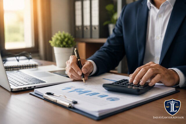Professional CPA reviewing financial documents with calculator and laptop in a modern office, with InjuryLawyerAdvisor logo in the bottom right corner.