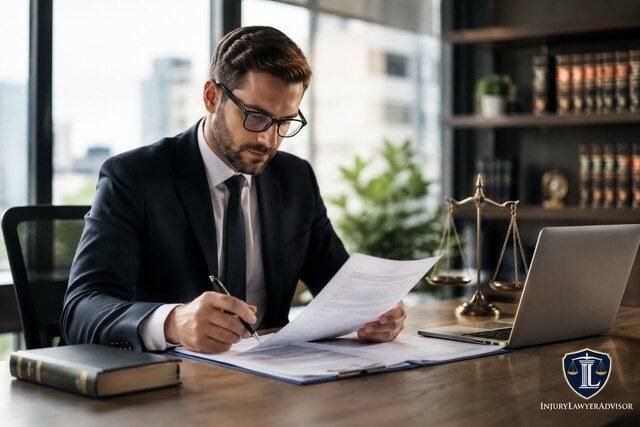 Lawyer reviewing documents in a modern office with legal symbols and logo in corner