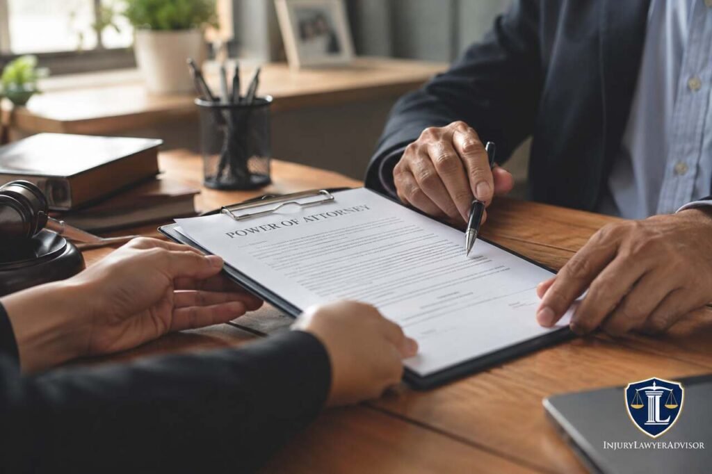 Power of Attorney document being signed during a legal consultation with attorney