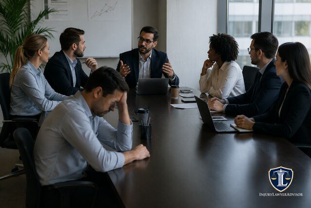 Employee excluded from a workplace meeting while colleagues discuss business communication in a modern office setting.
