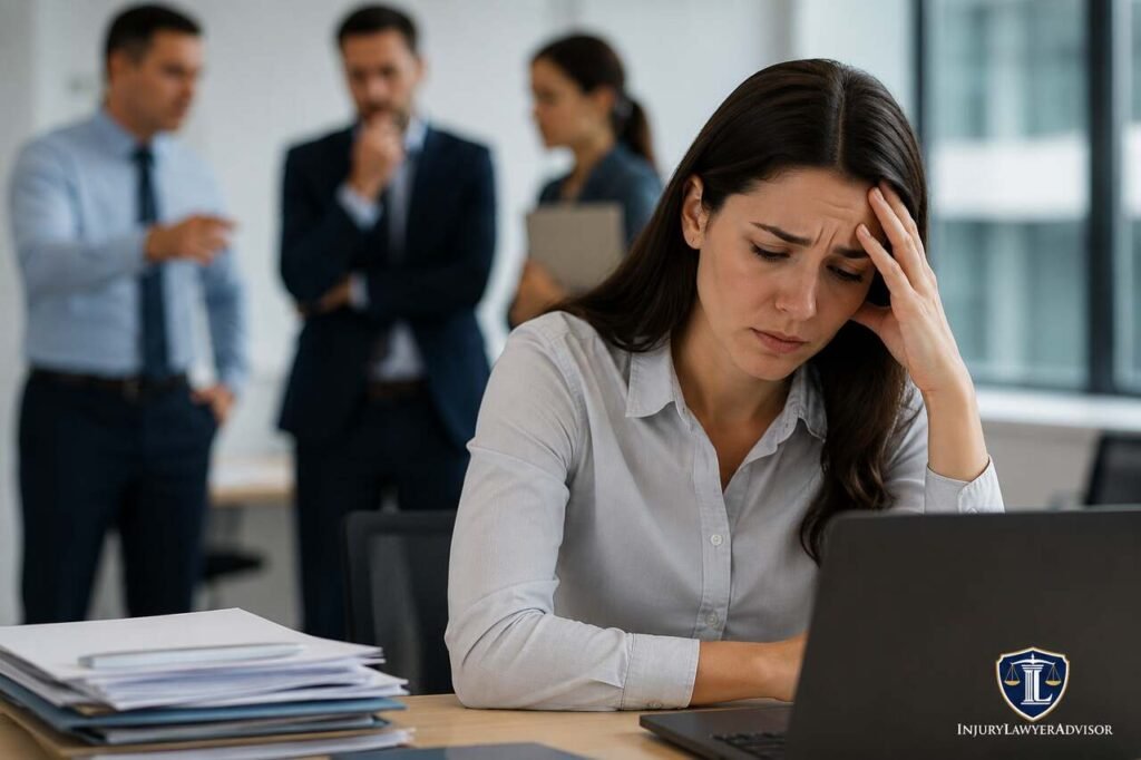 Employee documenting workplace retaliation concerns in a professional office setting with legal support branding.