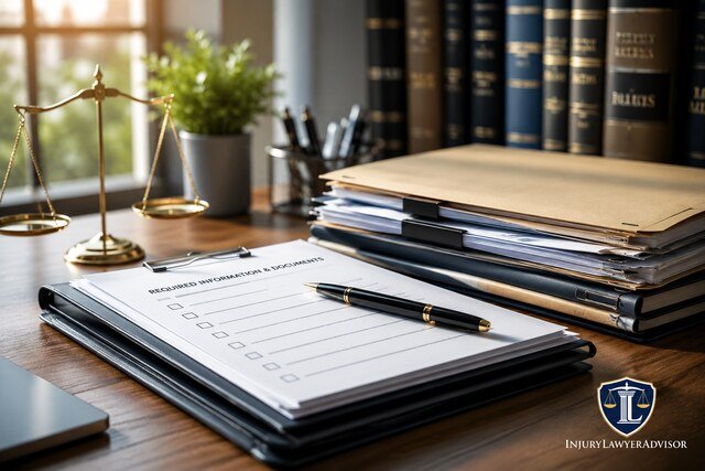 Organized legal desk with documents, checklist, pen, laptop, and law office materials representing preparation of required information and documents.