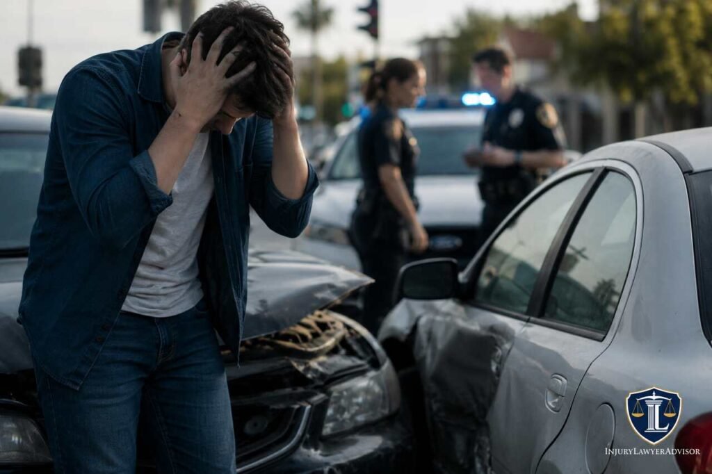 Accident Without Insurance: What Happens After a Car Accident When You Have No Insurance? Person dealing with the aftermath of a car accident without insurance while police investigate the crash scene
