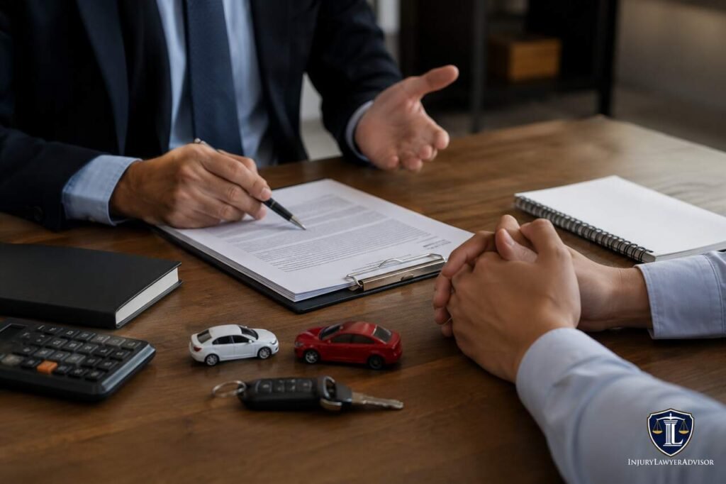 Car accident medical bills and insurance consultation with legal documents and injury claim discussion