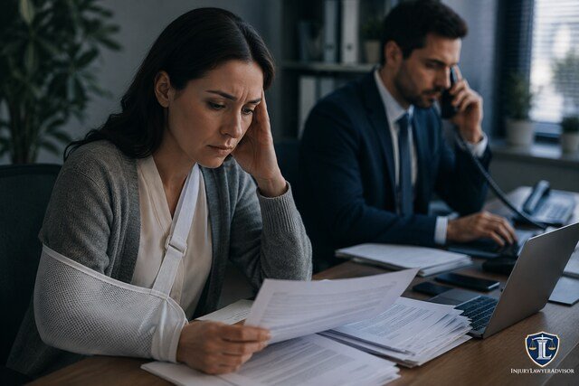 Injured accident victim reviewing medical bills and legal documents with a lawyer in an office setting.