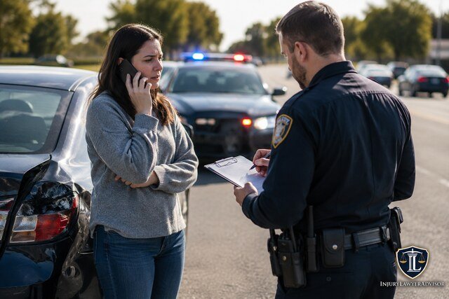 Woman reporting a car accident to a police officer beside a damaged vehicle on a roadside