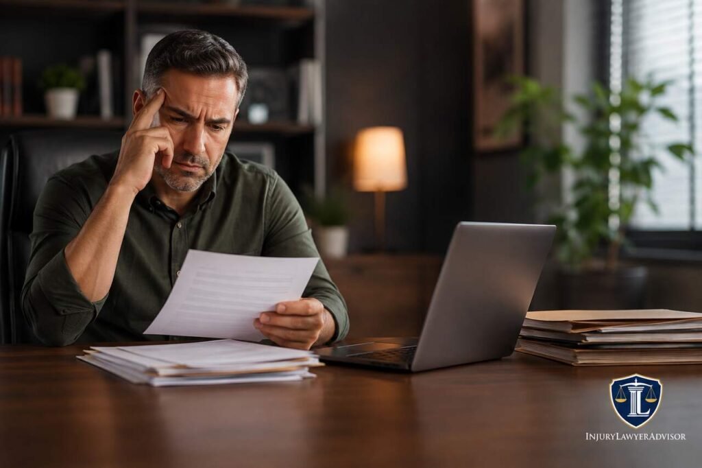 Denied Workers’ Comp Claim – What Next? Guide to Protecting Benefits, Income, and Medical Care Worker reviewing a denied workers compensation claim document at a desk while seeking legal guidance