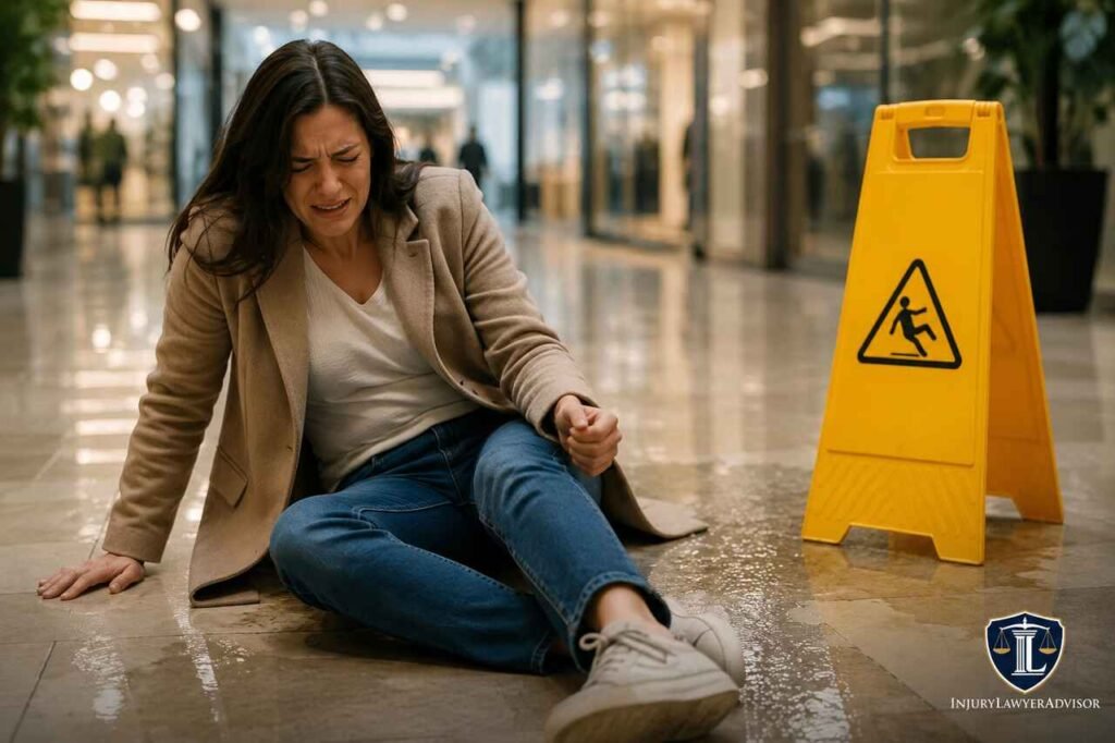 Injuries in Public Places: Identify Hazards, Protect Your Rights and Pursue Recovery Person injured after slipping on a wet floor in a public place with a safety hazard sign