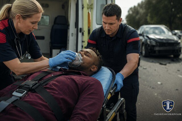 EMTs providing immediate medical attention to an injured person on a stretcher after a roadside accident with emergency vehicle and damaged car in the background.