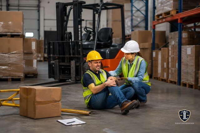 Injured warehouse worker receives assistance from a coworker after a workplace accident, with a forklift, boxes, and incident paperwork visible nearby.