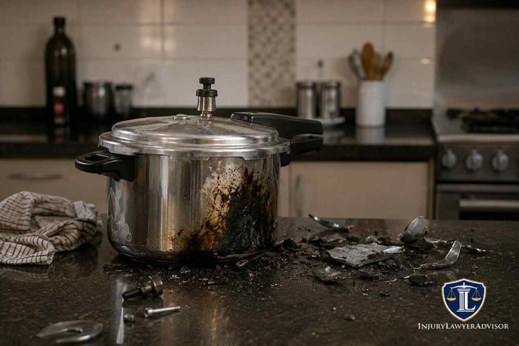 Pressure Cooker Explosion: Maintain Safety Features and Prevent Accidents Damaged pressure cooker after an explosion in a residential kitchen with safety awareness branding.