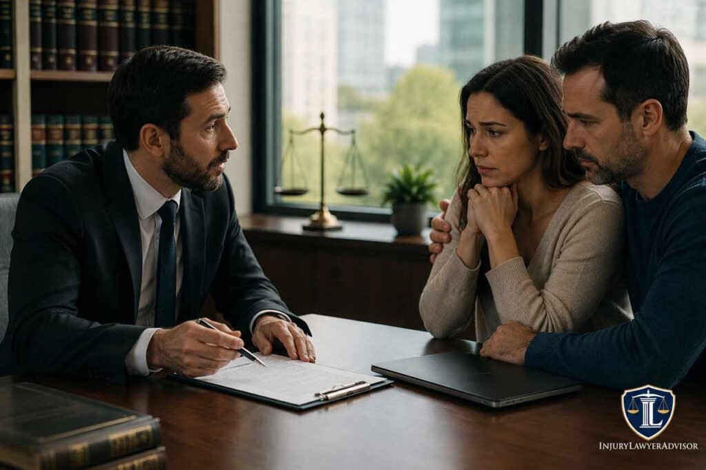 Wrongful Death Lawyer: Legal Representation, Wrongful Death Claims, Compensation Recovery, and Family Rights Wrongful death lawyer consulting a grieving family about legal claims, compensation recovery, and family rights in a professional law office.