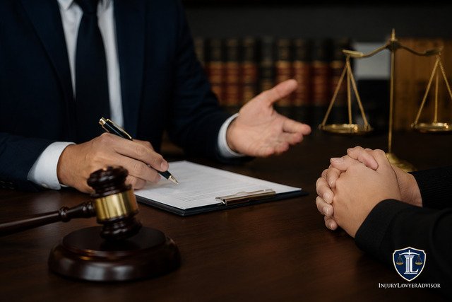 Lawyer consulting with a client at a desk, with a gavel and scales of justice in a professional law office.