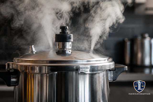 Pressure cooker releasing steam with InjuryLawyerAdvisor logo.