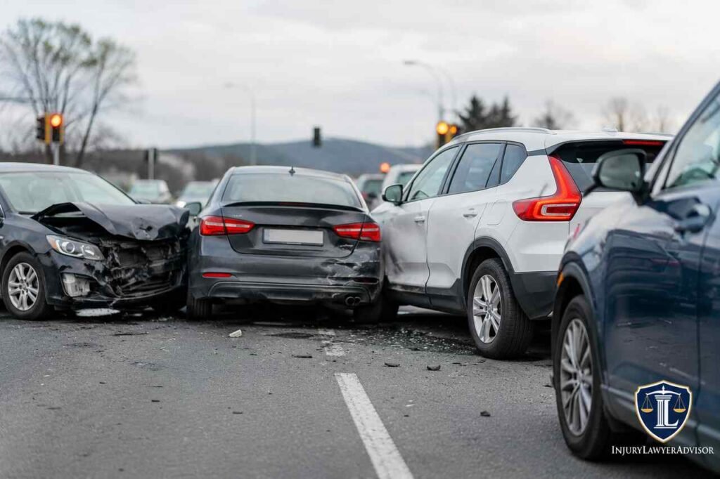 Multi-car accident scene showing damaged vehicles after a collision with legal injury advisor branding