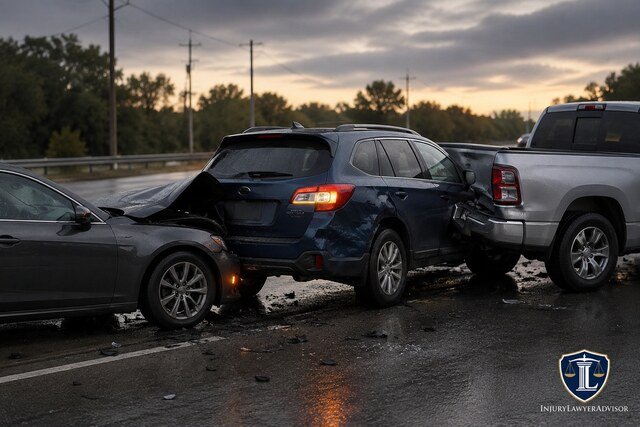 Chain-reaction car accident with damaged vehicles on a wet road.