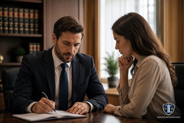 Lawyer and client reviewing legal documents in an office.