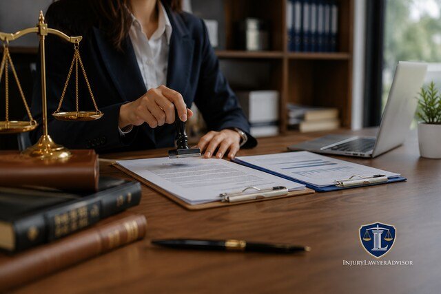 Professional stamping business license documents in a legal office.