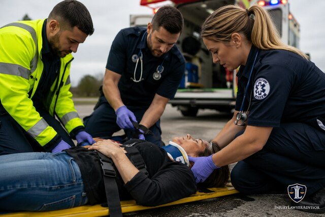 Paramedics treating an injured person after a collision at an accident scene.
