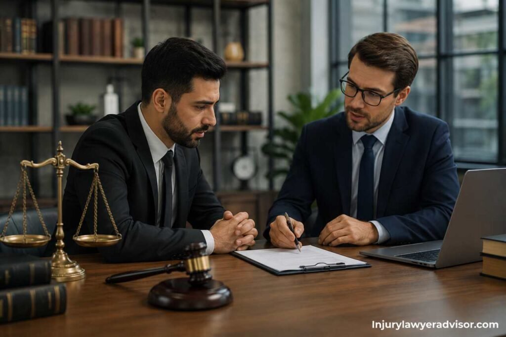 Professional business law solicitor advising company executives during a commercial legal consultation in a modern office.