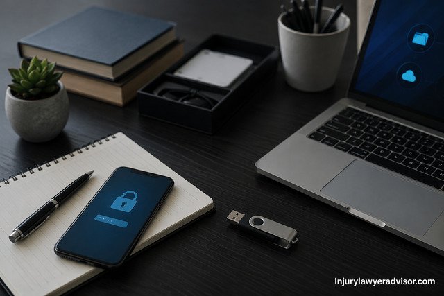 Secure digital asset planning workspace with a laptop, smartphone, USB drive, and notebook on a modern desk.