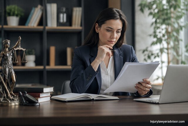 Attorney reviewing legal documents in a professional office setting.