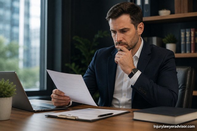 Business professional reviewing an important agreement in a modern office before signing, with subtle Injurylawyeradvisor.com branding.