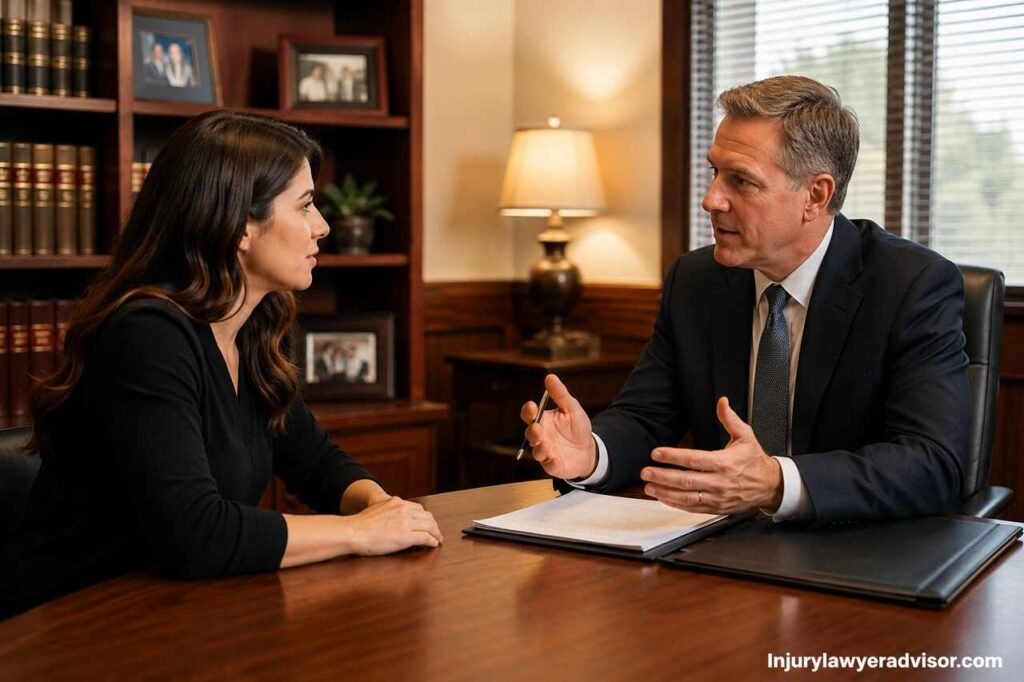 Questions to Ask a Personal Injury Lawyer: Guide to Choosing the Right Attorney Client meeting with a personal injury lawyer discussing legal strategy, case evaluation, compensation, and attorney qualifications.