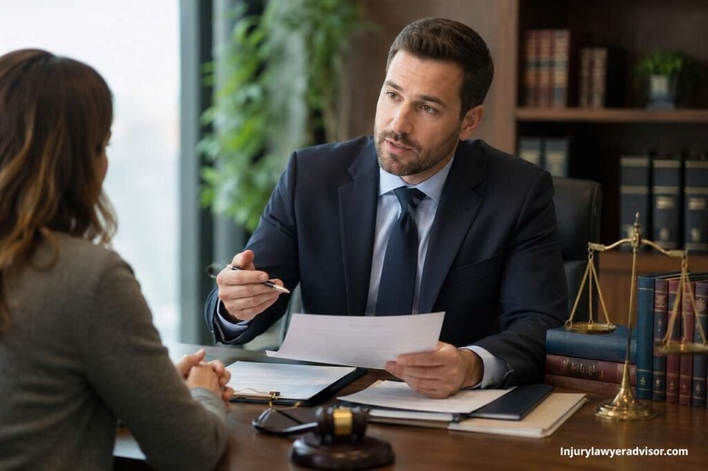 Personal injury defense lawyer reviewing legal documents and discussing injury claim defense strategies with a client in a professional law office.