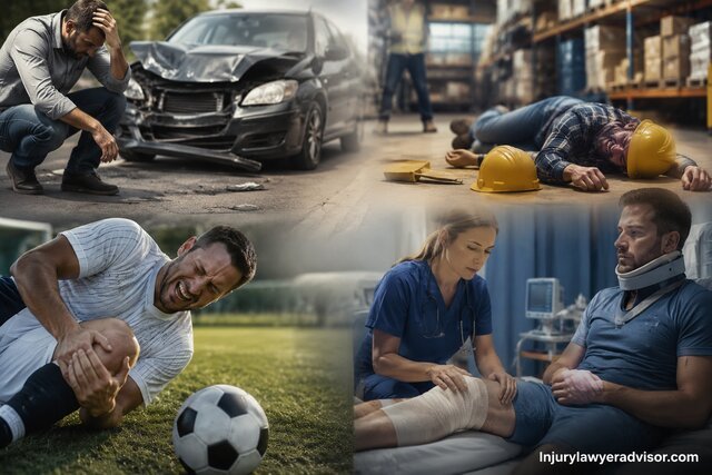 Realistic collage showing car accident, workplace, sports, and medical injury situations commonly linked to personal injury claims.