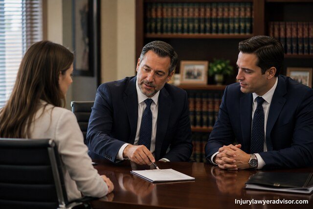 Client consulting with attorneys in a professional law office about case management.
