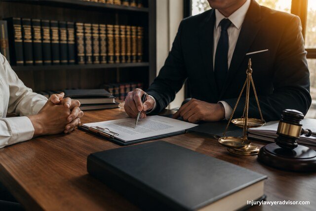 Professional insurance and legal consultation with policy documents under review in a modern office setting.