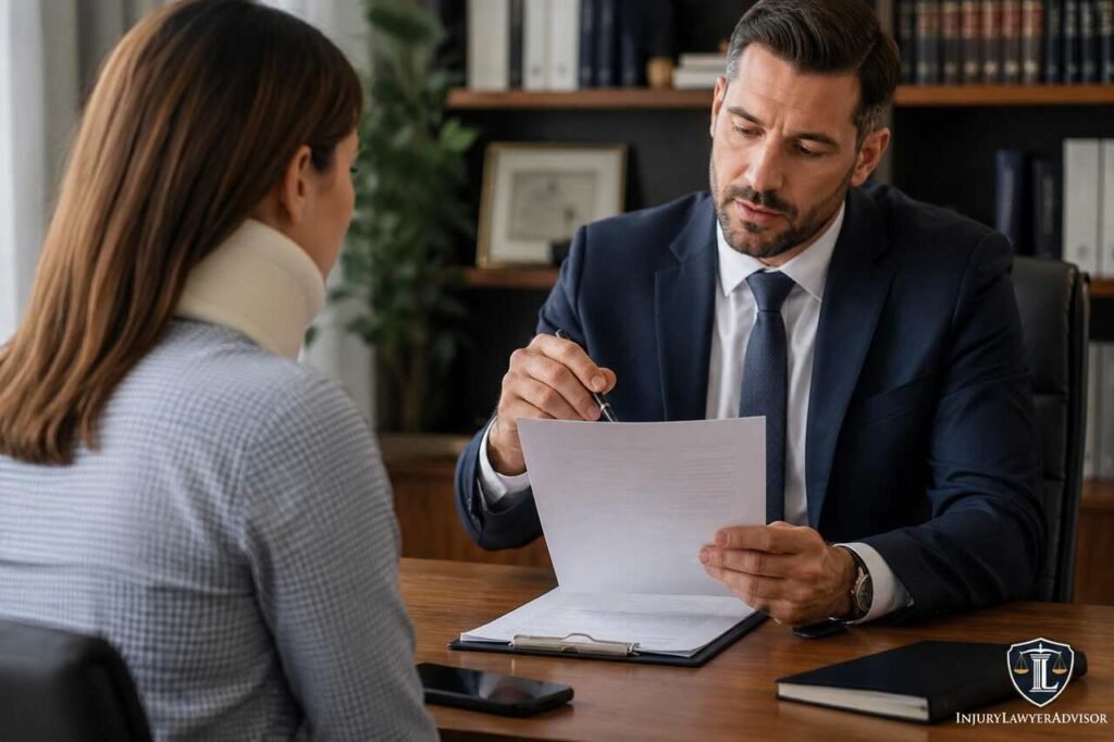 Lawyer reviewing injury claim documents with an injured client during a legal consultation