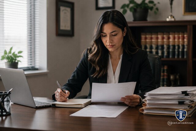 Professional reviewing tax documents at a desk in a law office with legal books and paperwork.