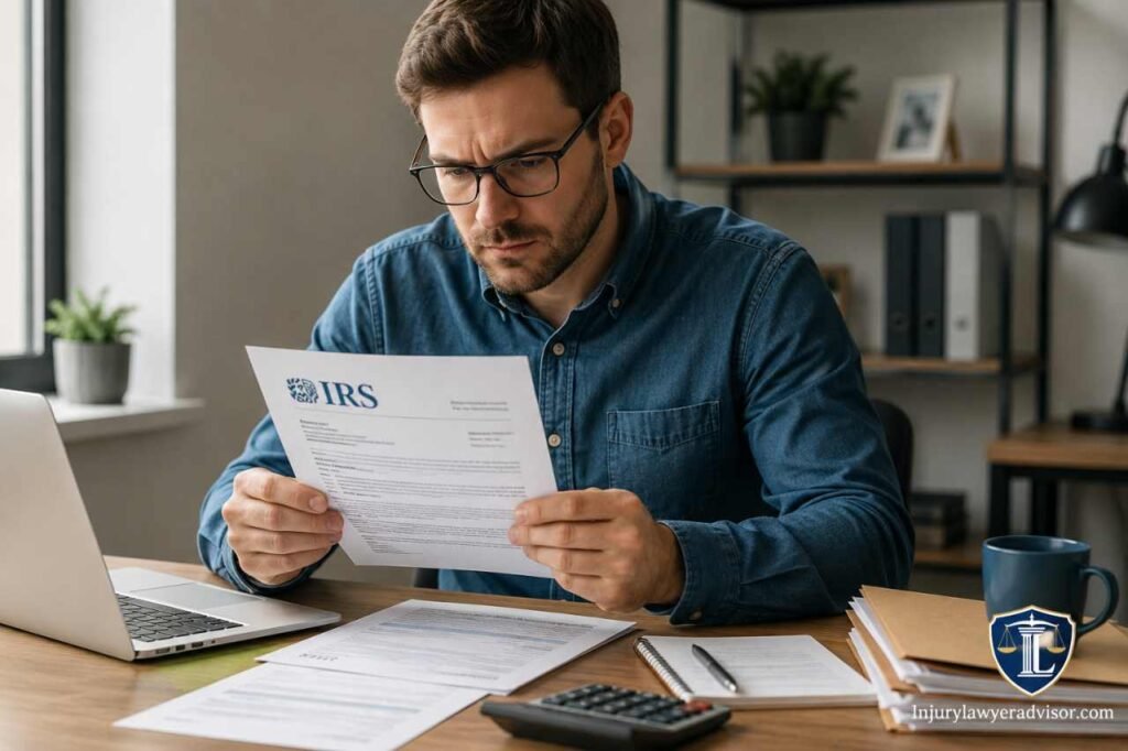How to Respond to an IRS Notice: Review, Verify, Dispute, Pay, or Appeal Correctly Person reviewing an IRS tax notice with financial documents and calculator at a home office desk.