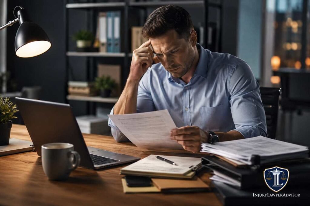 Employee reviewing work records and timesheets to gather evidence for an unpaid overtime lawsuit under the Fair Labor Standards Act (FLSA).