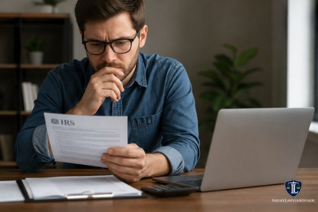 Person reviewing an IRS notice with a laptop and calculator, deciding whether to agree with the IRS. InjuryLawyerAdvisor logo in the bottom-right corner.