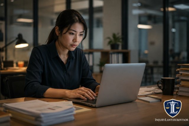 Employee working at a laptop in an office, representing FLSA overtime pay eligibility.