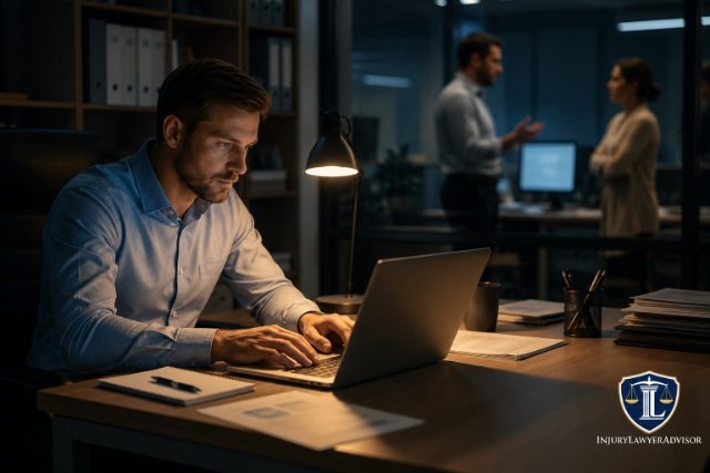 Employee working late on a laptop in a quiet office, illustrating overtime work, with the InjuryLawyerAdvisor logo subtly placed in the bottom-right corner