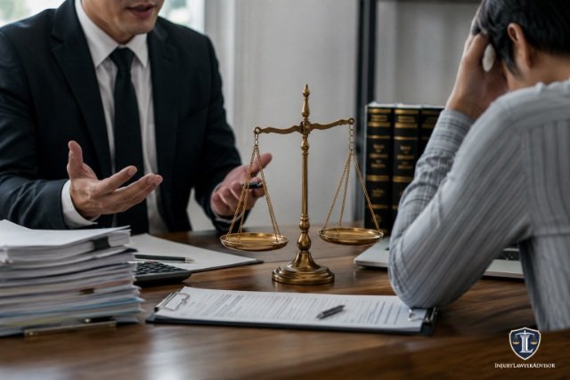 Employee consulting a lawyer about an overtime lawsuit in a professional office.