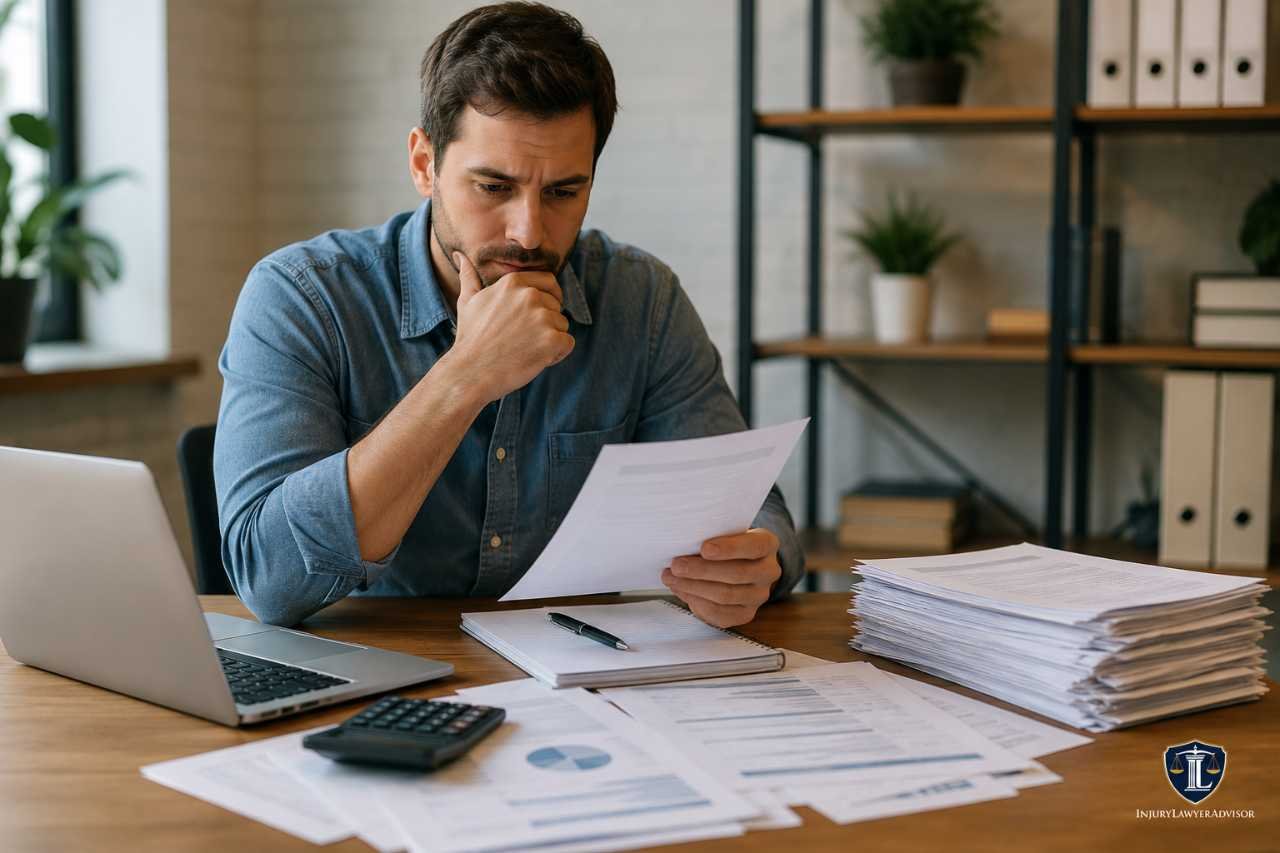 Person reviewing tax documents and financial records while considering tax-debt relief options.