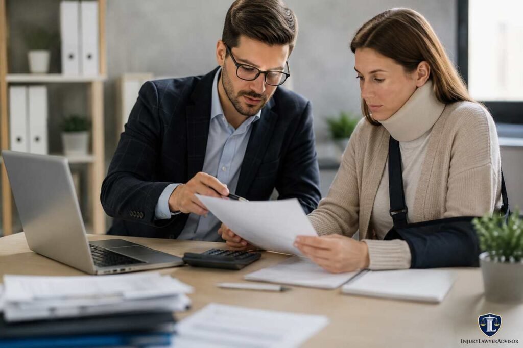 Attorney explaining the tax rules for a personal injury settlement to an injured client during a legal consultation.