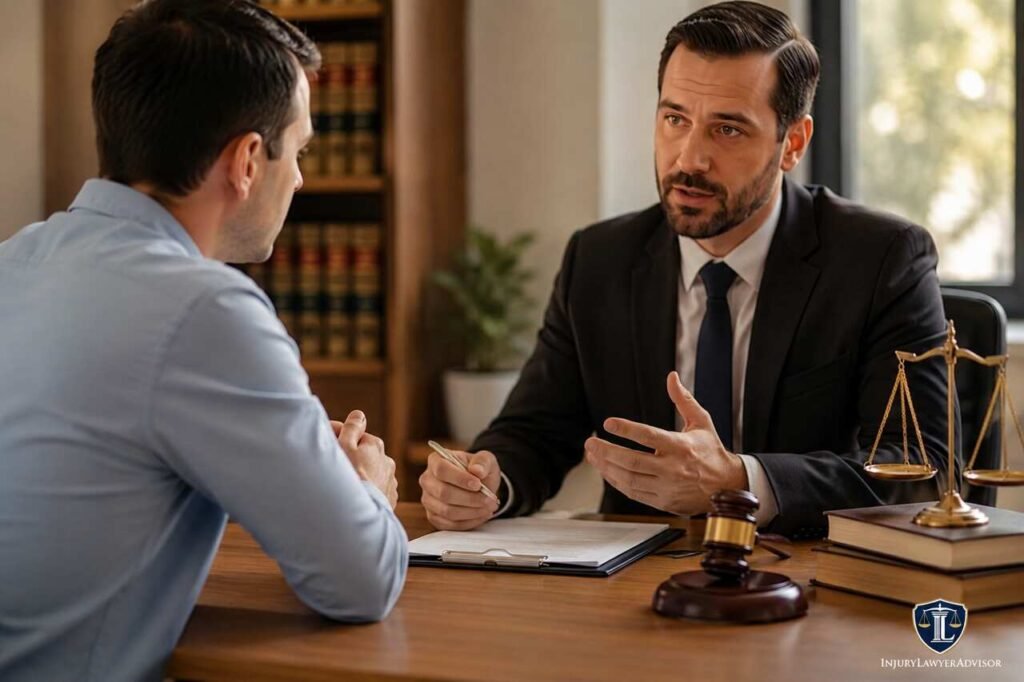 Experienced personal injury attorney in Anaheim consulting with an accident victim during a legal case evaluation.